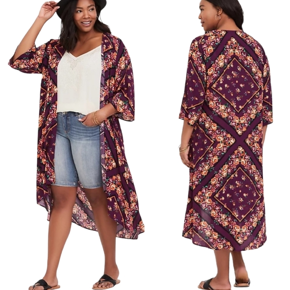Torrid Wine Floral Scarf Print Kimono